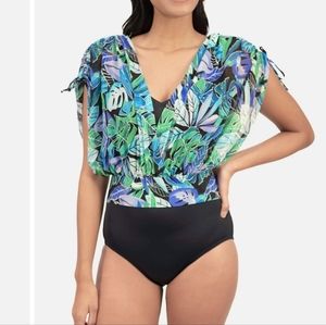 🆕️ Fit 4U NWT Palms Mesh Overlay Tank Sz 16W One Piece Swimsuit